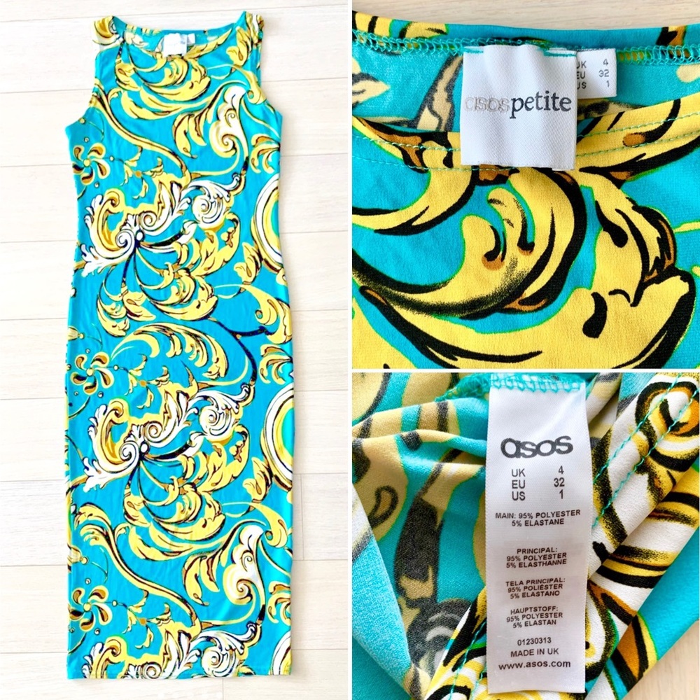 ASOS Petite Aqua Yellow Graphic Stretch Sleeveless Cocktail Sheath Dress Bodycon